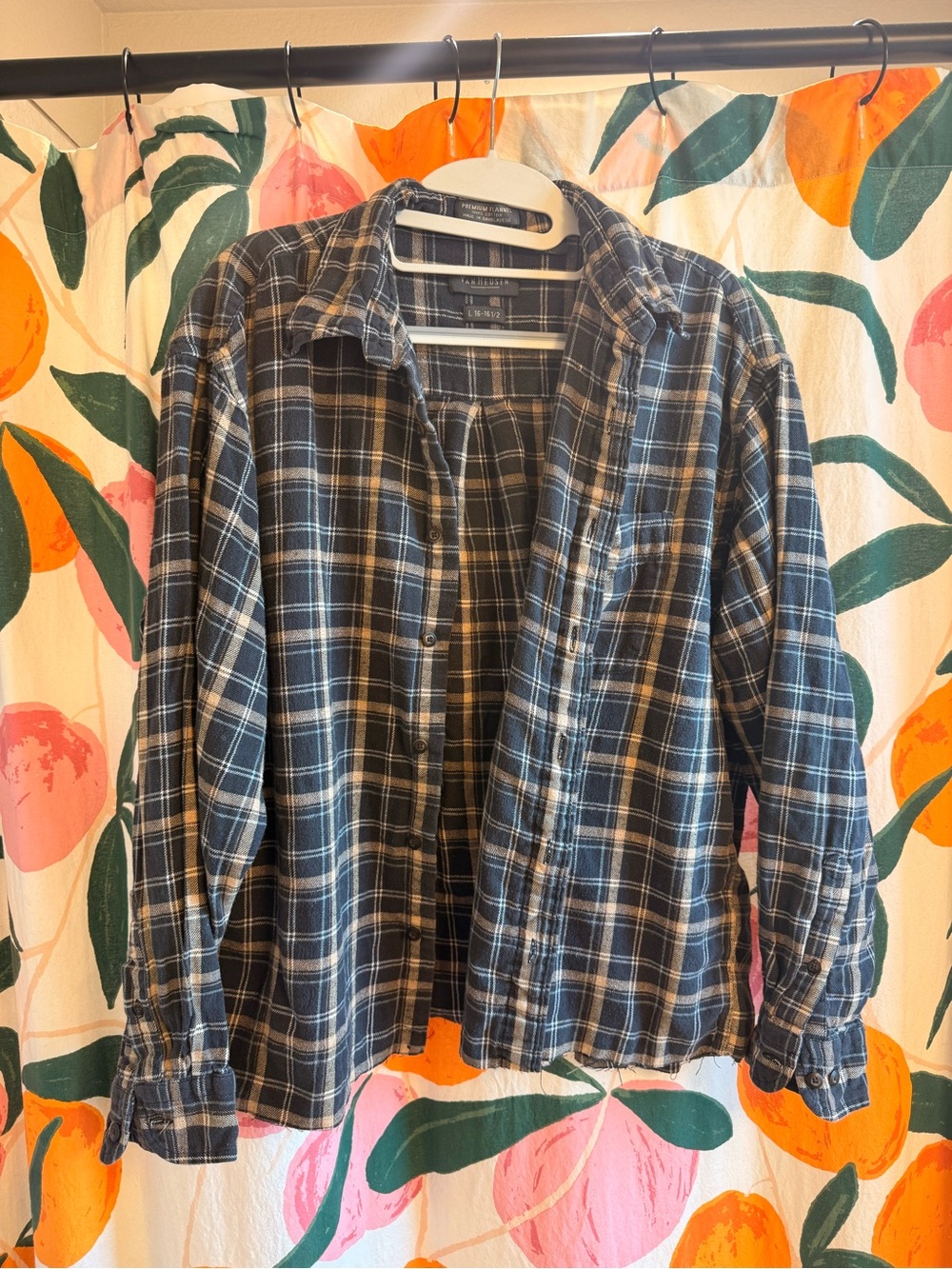 Van Heusen Black and tan Plaid Button-Down Shirt with raw hem